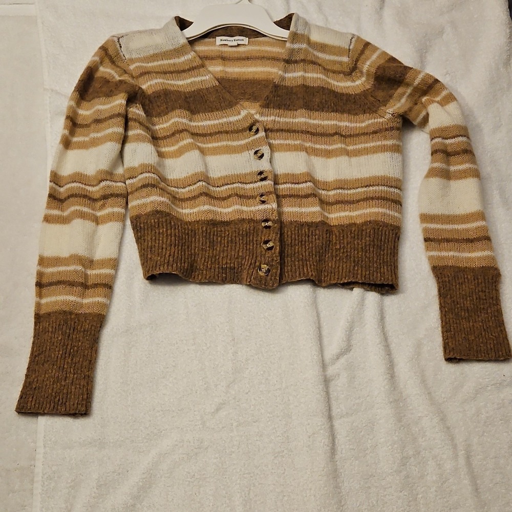 Newbury Kustom Striped Button Front‎ Cardigan Sweater Brown Beige Women L